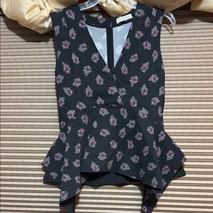 Altuzarra Peplum Asymmetrical Black Floral Print Slit V-Neck Blouse Sz 36 Small